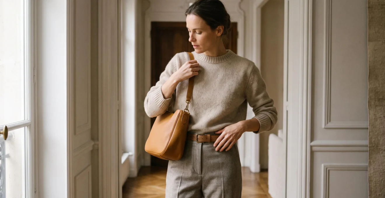 Une femme en tenue neutre ajuste un sac en cuir sans logo et une ceinture assortie dans une entrée lumineuse.