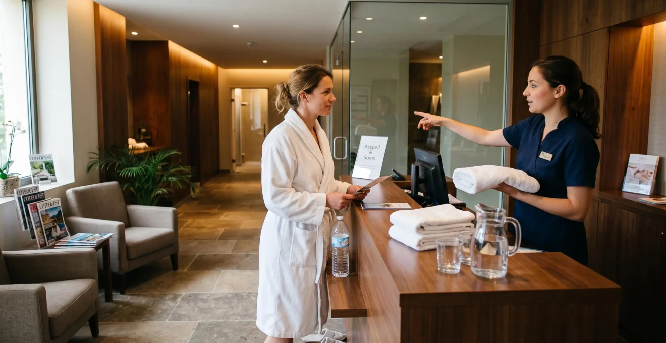 Une femme en peignoir passe par l'accueil d'un spa où une réceptionniste lui remet une serviette et lui indique le vestiaire et l'espace détente.
