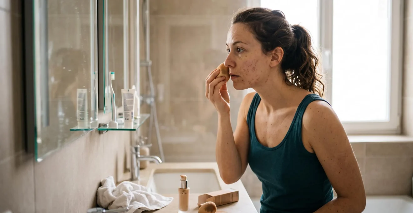 Une femme applique son fond de teint avec une éponge humide devant son miroir de salle de bain, en insistant sur la zone T.