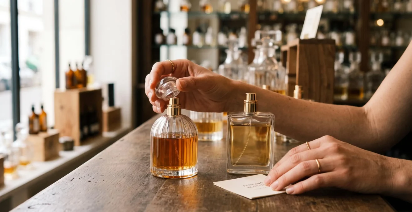 Deux mains comparant deux flacons de parfum sans étiquette sur un comptoir en bois dans une parfumerie.