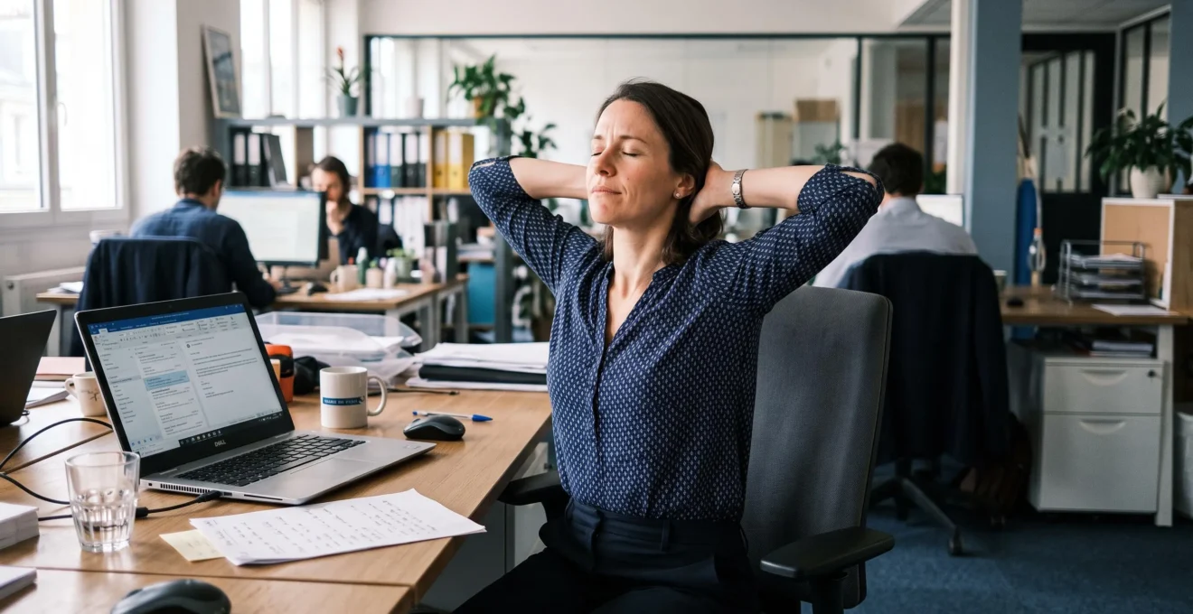 Une salariée assise à son bureau effectue un étirement des épaules et du haut du dos pendant une pause au travail.