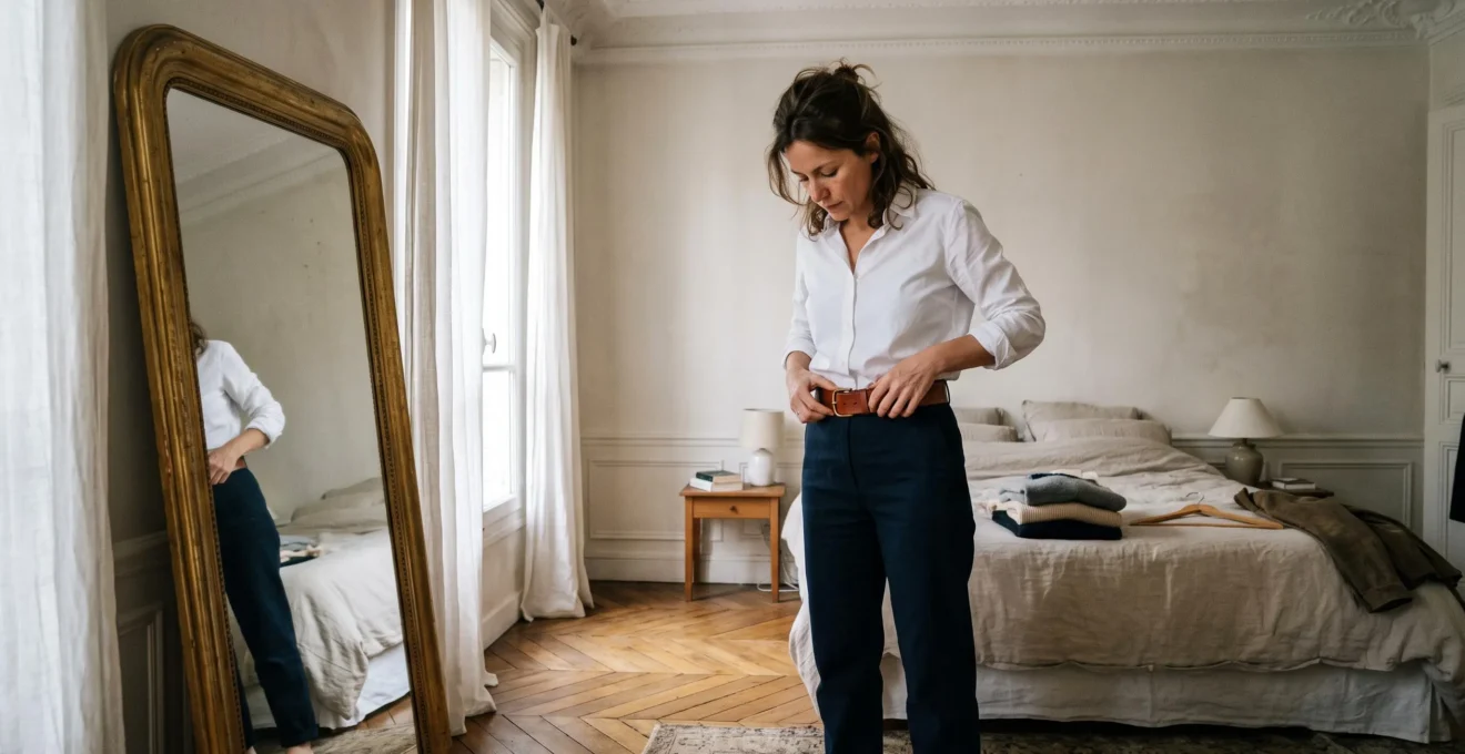 Une femme ajuste une ceinture tendance sur une tenue simple de basiques devant un miroir dans sa chambre.
