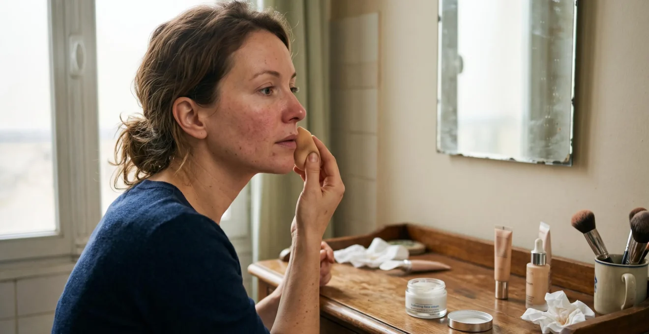 Une femme presse un fond de teint liquide sur sa joue avec une éponge légèrement humide devant un miroir de salle de bains, sur une table avec une crème hydratante ouverte.