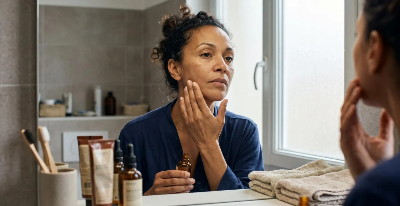 Une femme d'environ quarante-cinq ans applique un sérum sur sa joue devant le miroir de sa salle de bain, en lumière naturelle du matin.