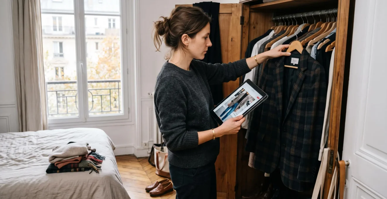 Une femme compare une tenue affichée sur sa tablette avec les vêtements suspendus dans son armoire ouverte.