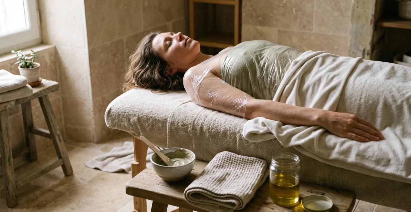 Une femme allongée et enveloppée dans un film et un drap de coton lors d'une séance d'enveloppement corps dans une salle de bain lumineuse.