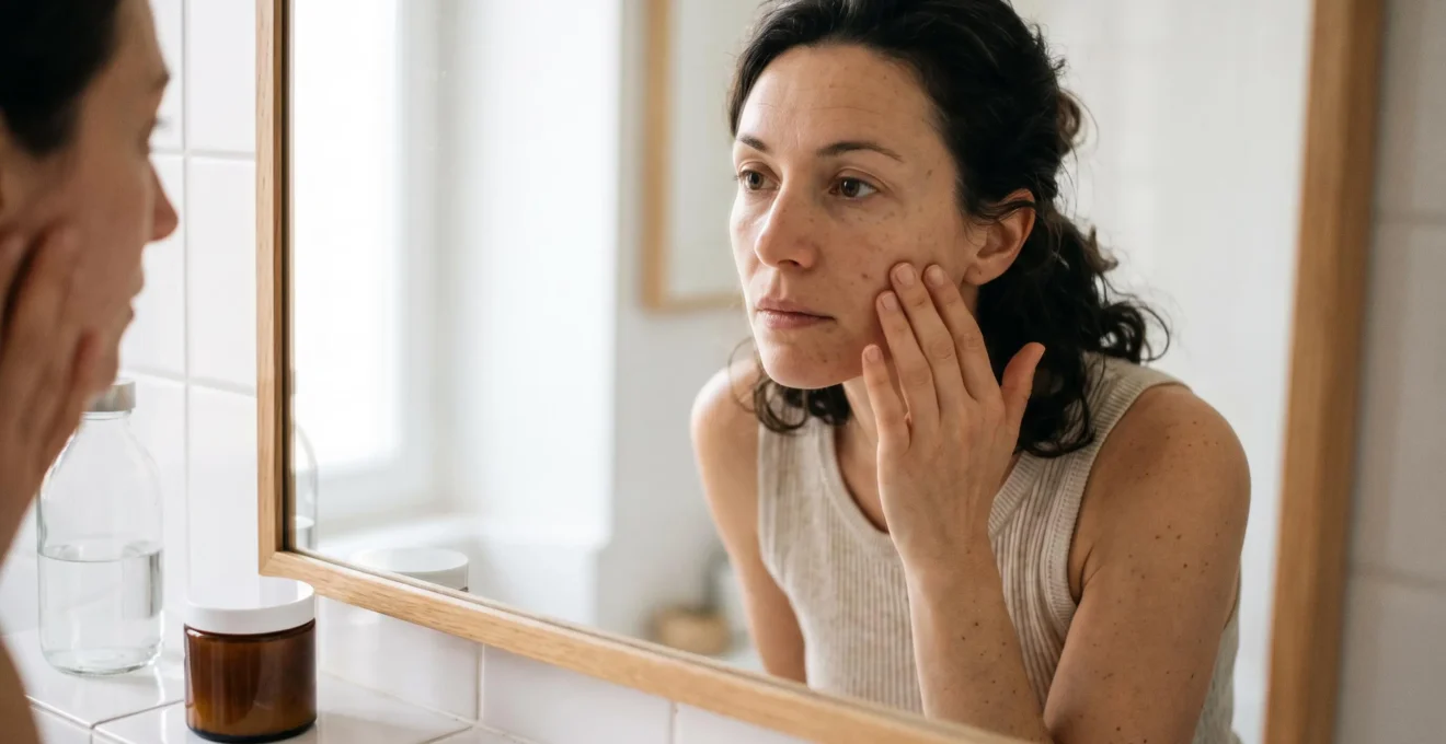 Une femme examine la texture de sa peau en touchant sa joue devant un miroir de salle de bain éclairé par la lumière du jour.