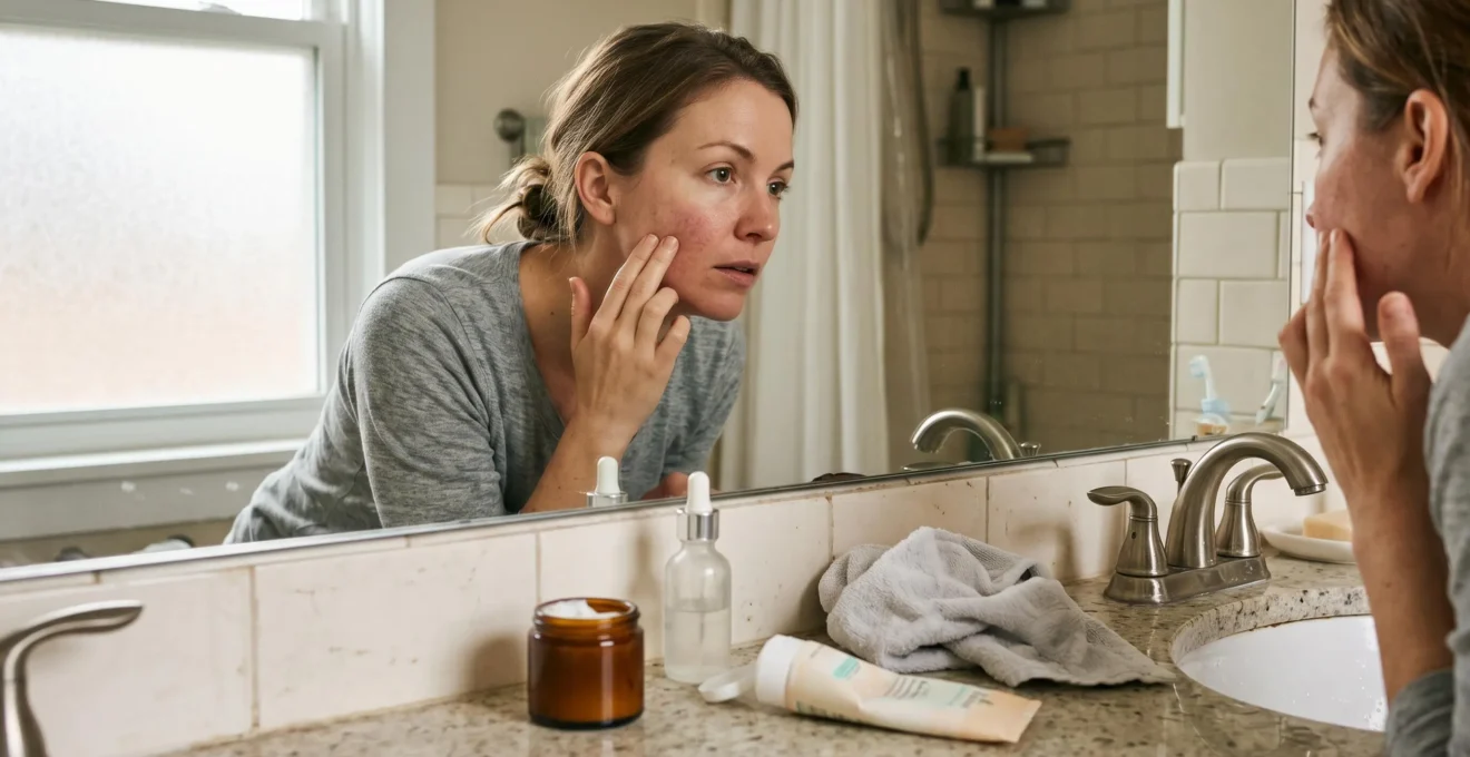 Une femme examine son teint terne au miroir de sa salle de bain, la main sur la joue, entourée de produits de soin ouverts sur le lavabo.