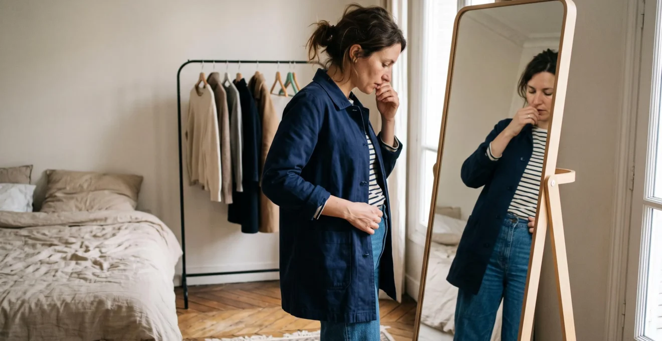 Une femme devant un miroir ajuste la longueur de sa veste et observe où tombe l'ourlet sur sa silhouette dans un appartement lumineux.