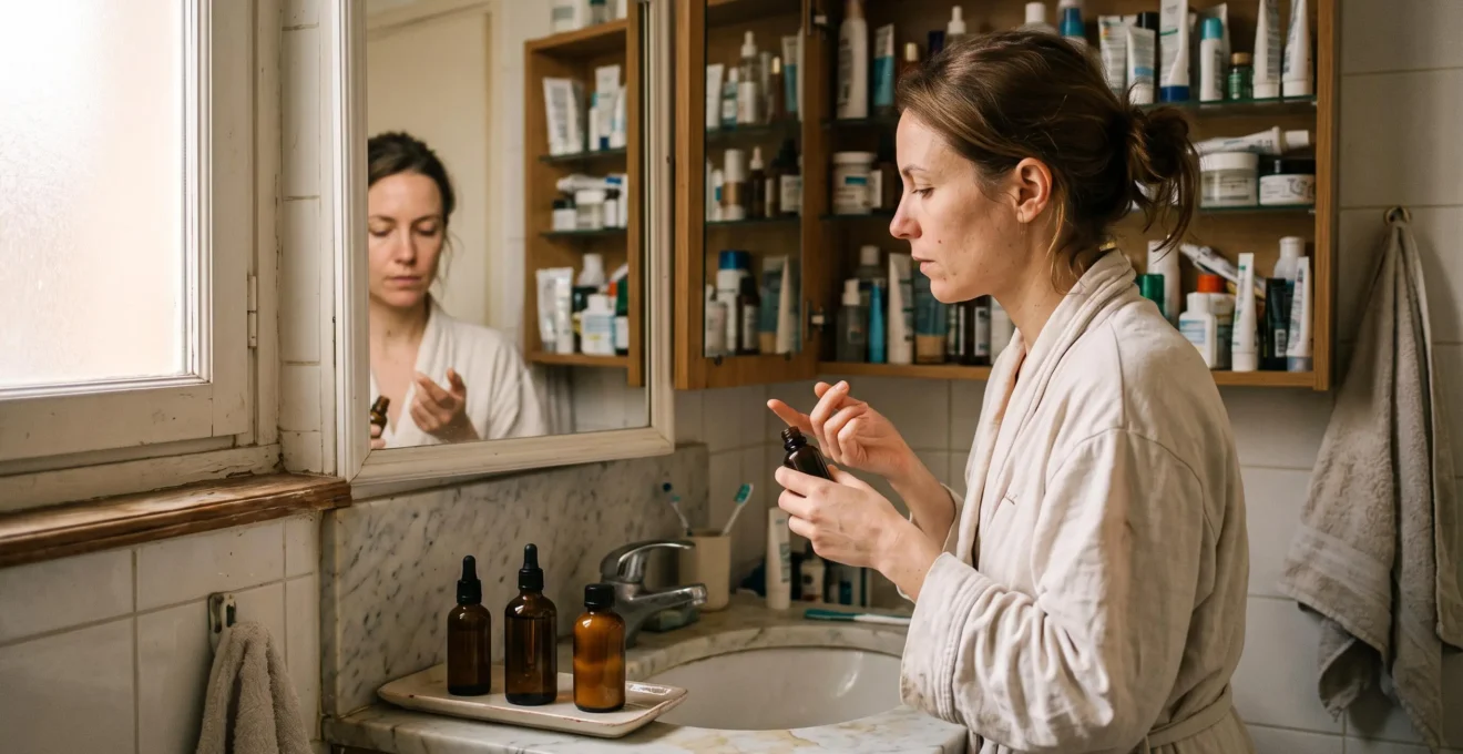 Une femme aligne trois produits de soin sur le bord du lavabo devant son miroir de salle de bain, le reste de sa collection restant dans le meuble ouvert derrière elle.