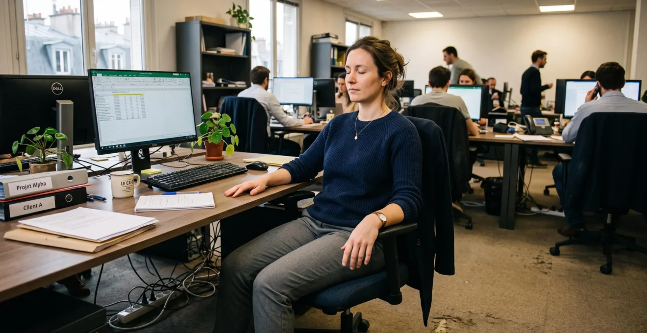 Une salariée assise à son bureau en open space ferme les yeux et relâche ses épaules, les pieds bien ancrés au sol, lors d'une courte pause anti-stress.