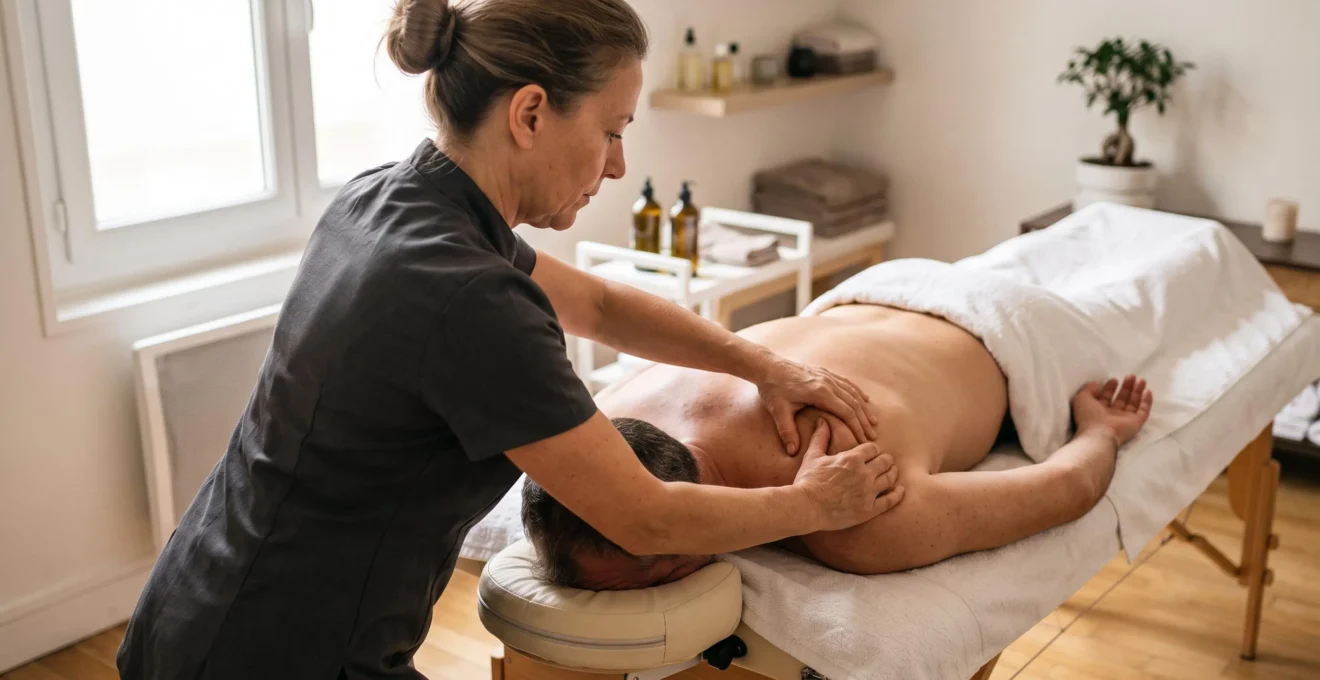Un praticien de massage effectue une manœuvre de pétrissage appuyée sur l'épaule d'un client allongé face contre la table, dans un cabinet de massage éclairé à la lumière naturelle.