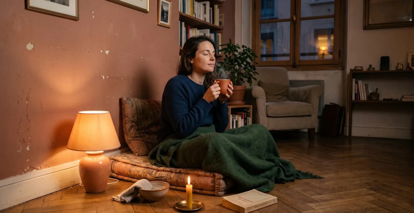 Une femme assise sur un coussin dans son salon, les yeux fermés, une tasse tiède dans les mains, une bougie allumée à côté d'elle, son téléphone posé loin d'elle sur une étagère.