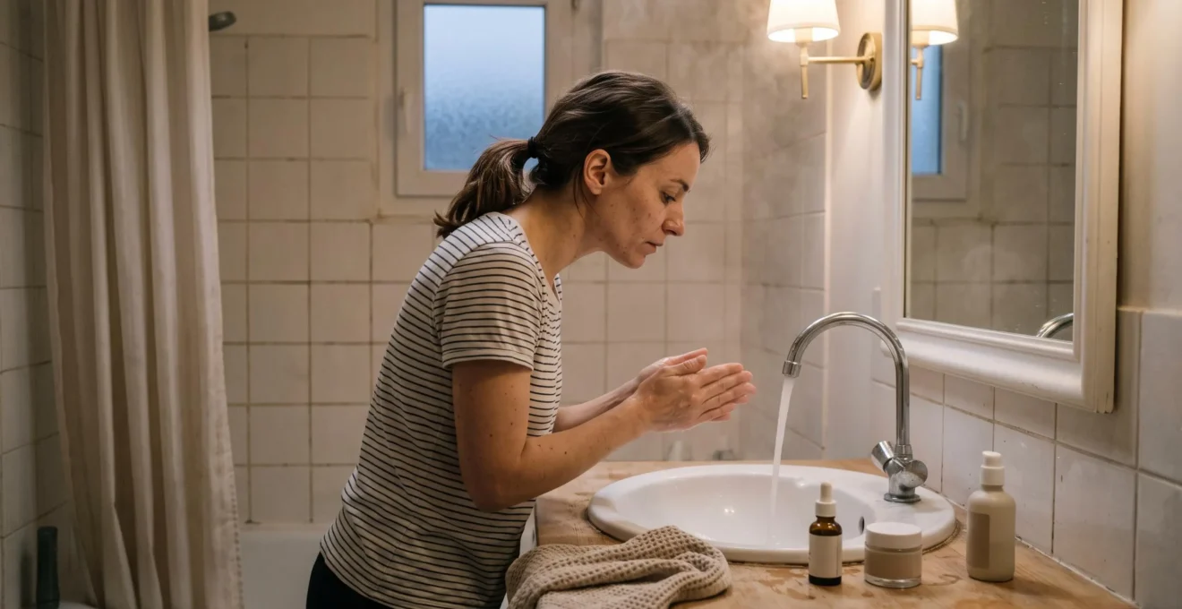 Une femme réalise son rituel de soin du soir devant un lavabo de salle de bain, avec seulement trois produits posés sur le plan en bois.