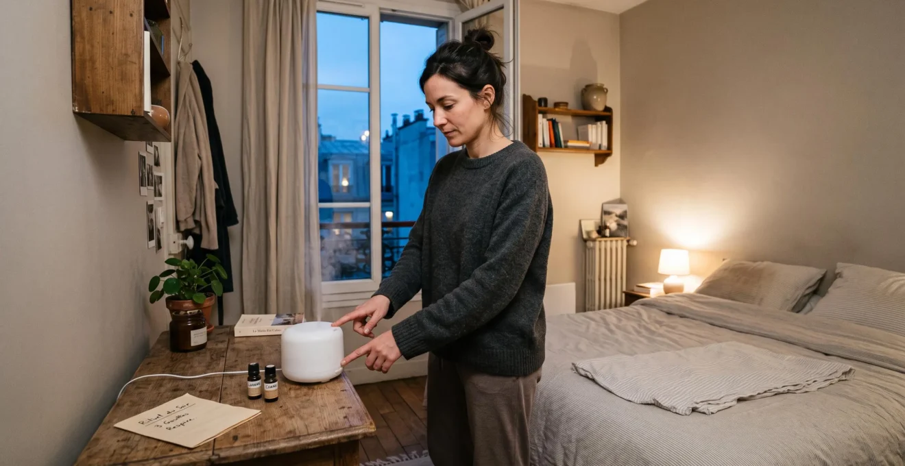 Une femme appuie sur un diffuseur ultrasonique posé sur une table de chevet, avec seulement deux flacons d'huiles essentielles, dans une chambre d'appartement au soir.