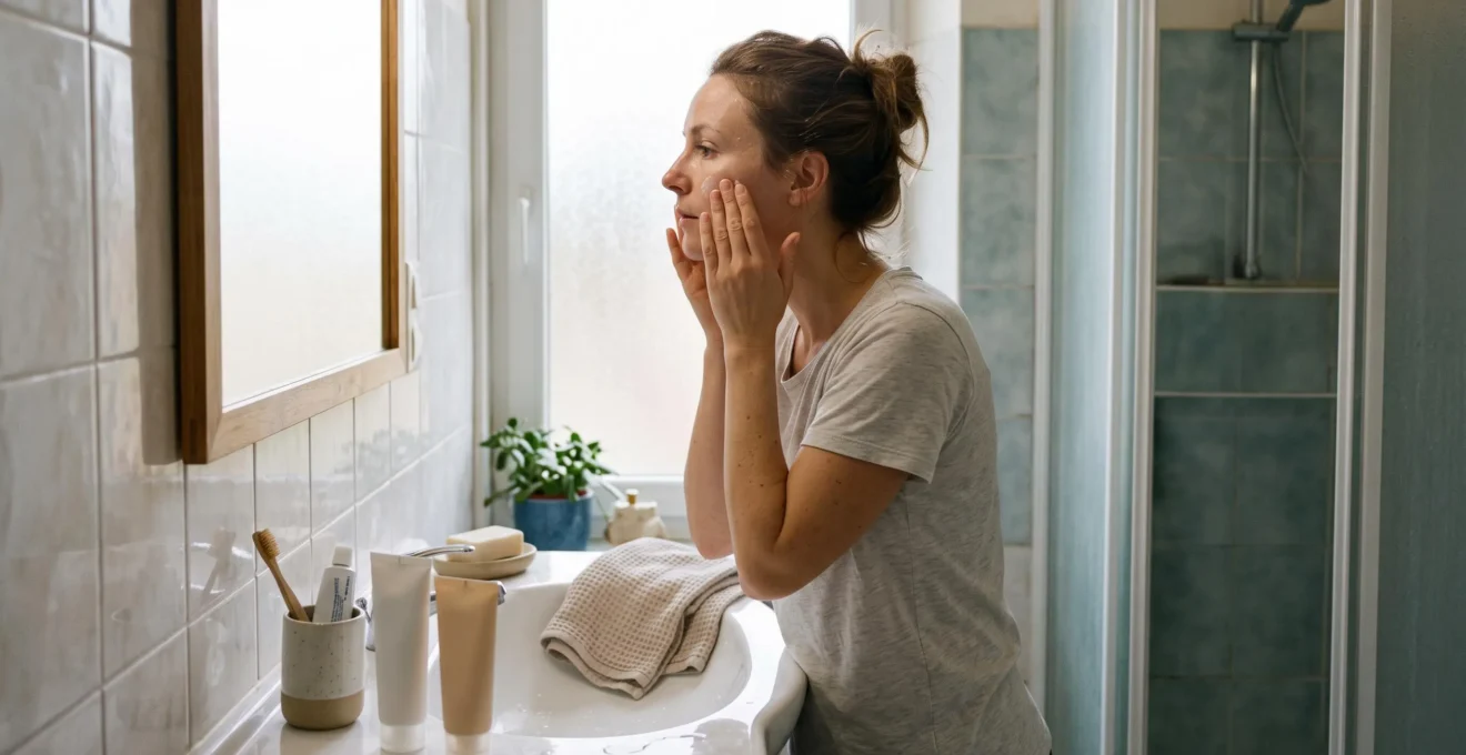 Une femme applique une crème hydratante sur sa joue au lavabo d'une salle de bains lumineuse, avec deux tubes de soin posés sur le plan de vasque.