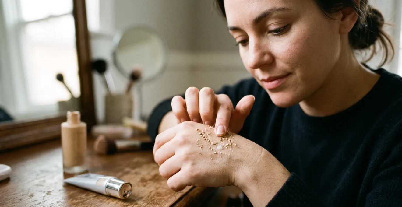 Une femme frotte un mélange de base de teint et de fond de teint sur le dos de sa main et observe la formation de petites granules.