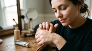 Une femme frotte un mélange de base de teint et de fond de teint sur le dos de sa main et observe la formation de petites granules.