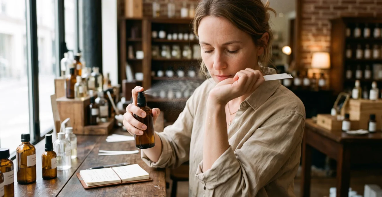Une femme vaporise un parfum sur son poignet nu dans une parfumerie et examine le sillage sur sa peau